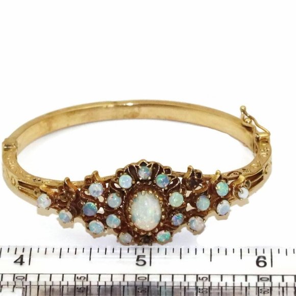 Natural Opal 14kYellow Gold Floral Bangle Bracelet - Picture 5 of 5